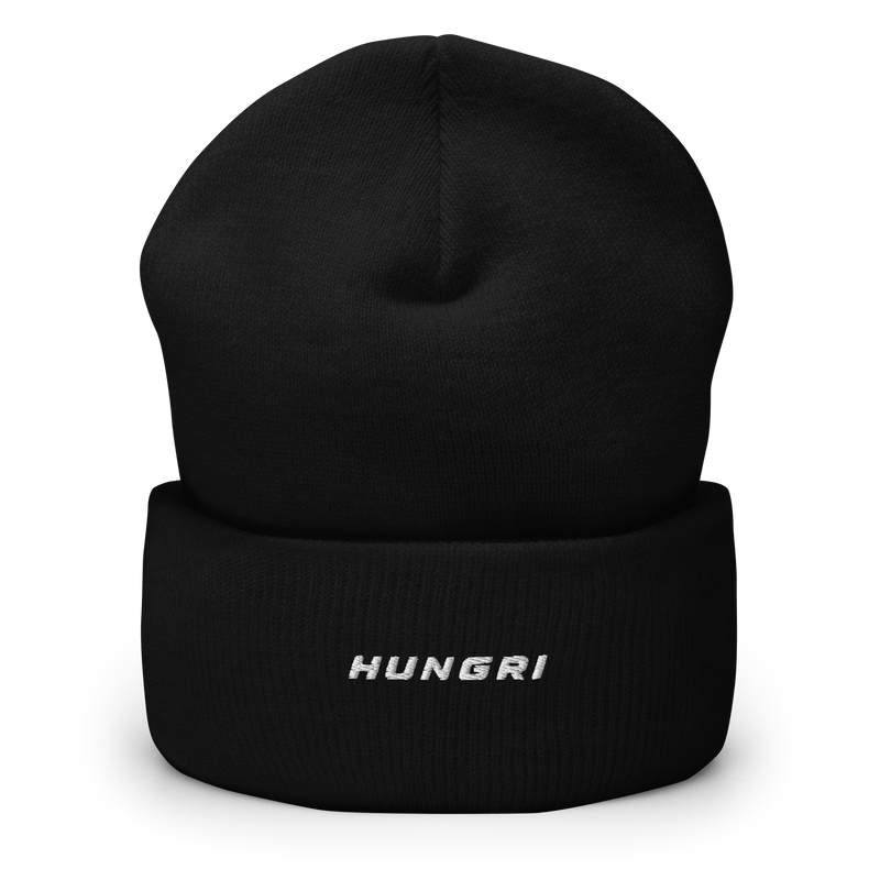 HUNGRI Core Cuffed Beanie in Black - front view, alternate angle