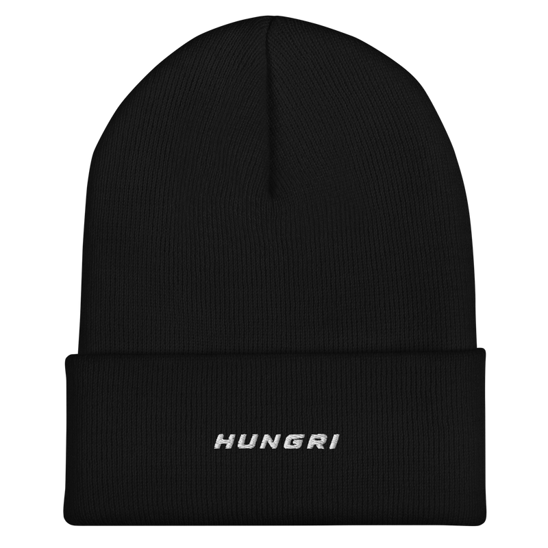 HUNGRI Core Cuffed Beanie in black, premium knit hat, front view