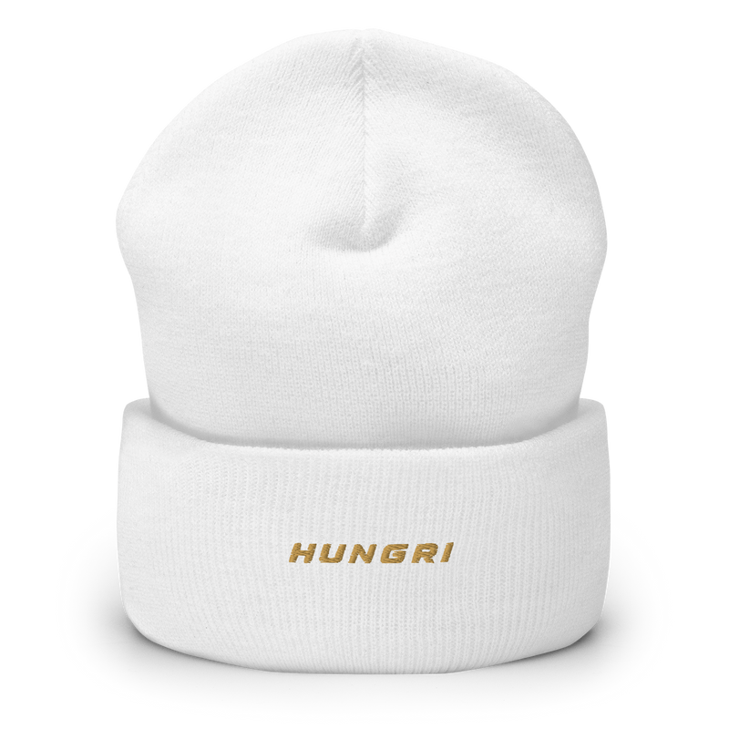 HUNGRI Core Cuffed Beanie in White - front view, alternate angle
