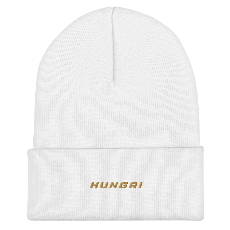 HUNGRI Core Cuffed Beanie in white, premium knit hat, front view