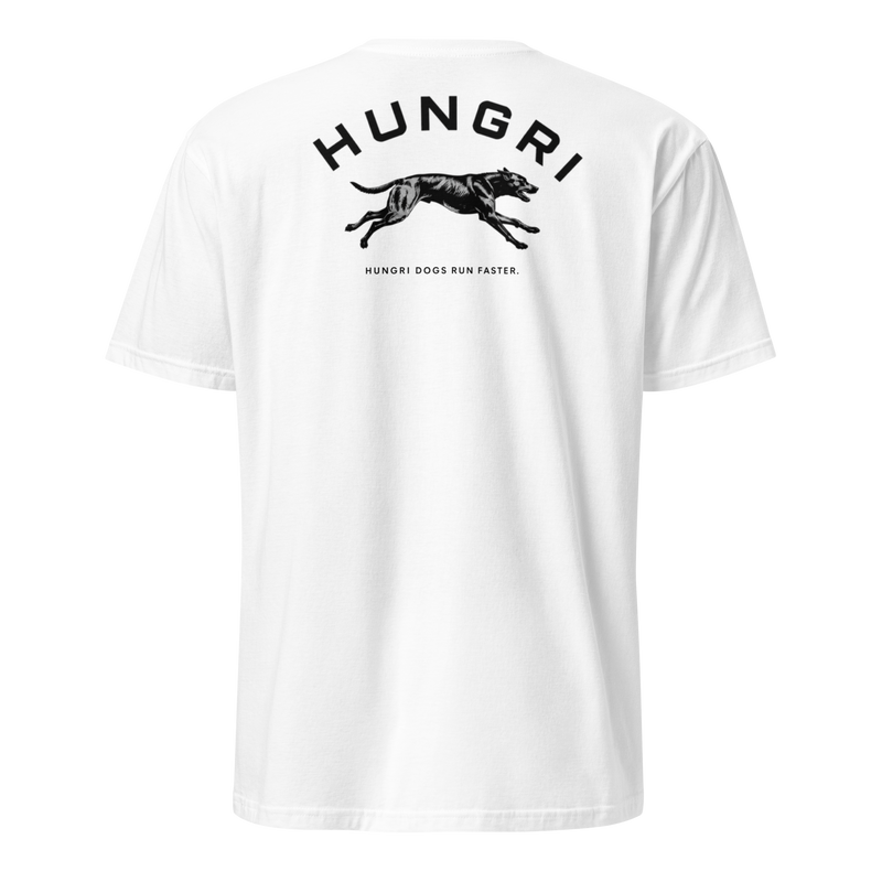 HUNGRI "Hungri Dogs Run Faster" graphic tee in white, back view
