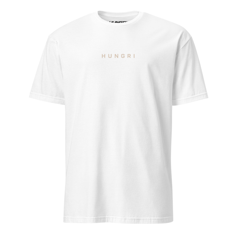 HUNGRI "Win The Day" Tee in white, front view, lightweight ring-spun cotton t-shirt