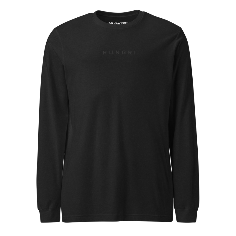 HUNGRI "HUNGRI Dogs" Long Sleeve in black heather, minimalist athletic layer, front view