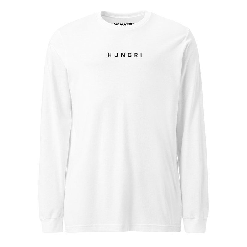 HUNGRI Foundation Long Sleeve in white, athletic-fit premium layer, front view