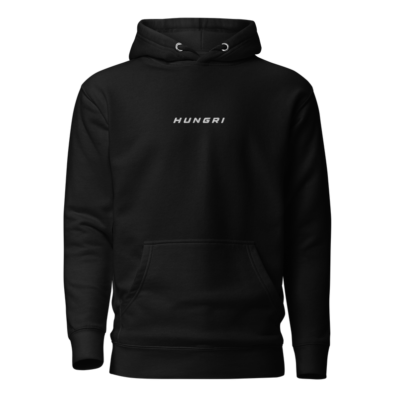 HUNGRI Core Hoodie in black, oversized fleece-lined pullover, front view
