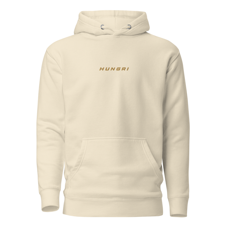HUNGRI Core Hoodie in bone, warm-toned heavyweight pullover, front view