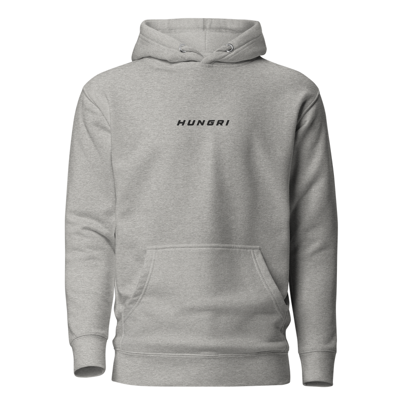 HUNGRI Core Hoodie in carbon grey, heavyweight fleece-lined pullover, front view