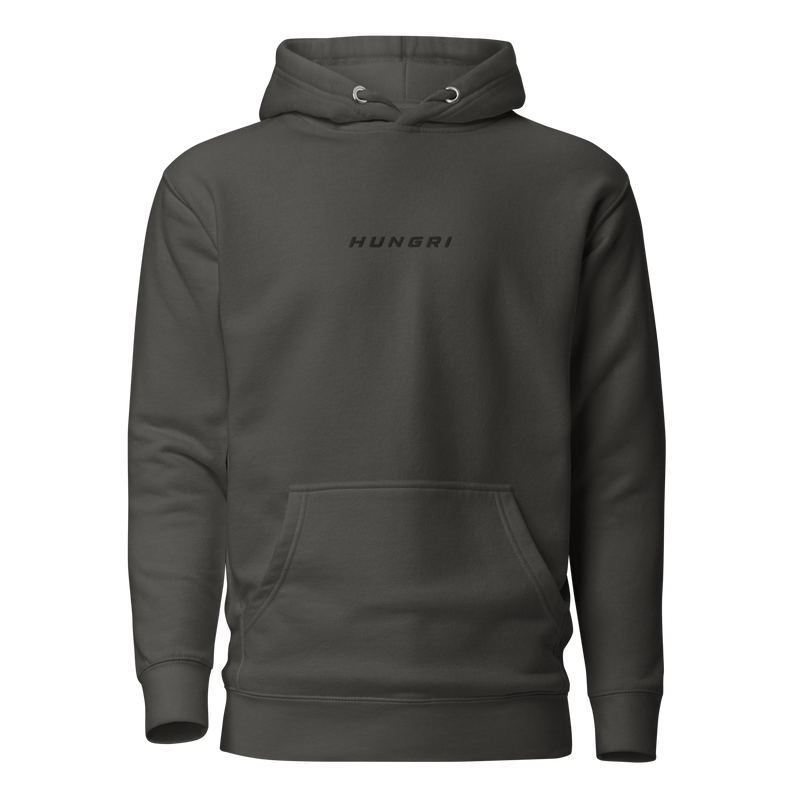 HUNGRI Core Hoodie in vintage black, garment-washed heavyweight pullover, front view