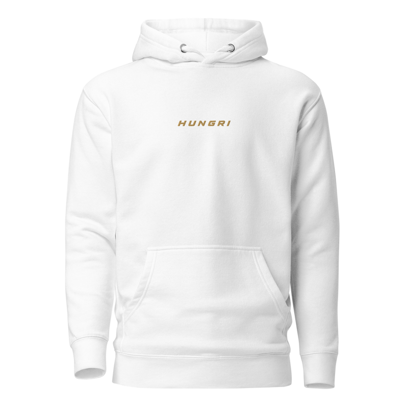 HUNGRI Core Hoodie in white, structured heavyweight pullover, front view