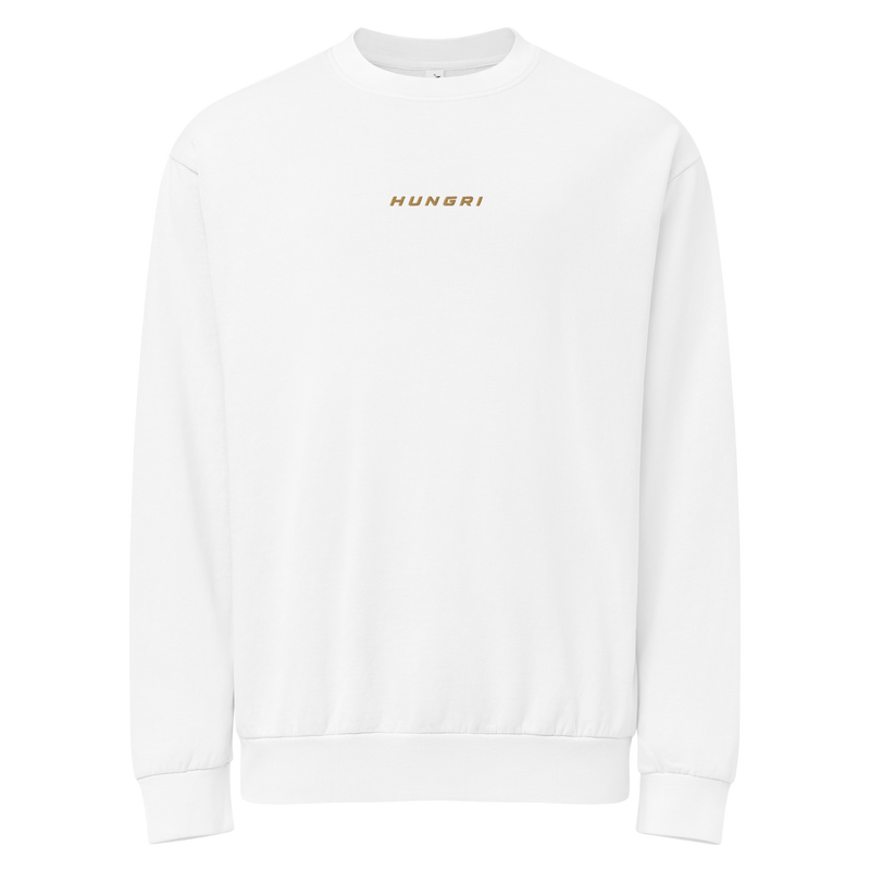 HUNGRI Essential Crewneck in white, oversized heavyweight sweatshirt, front view